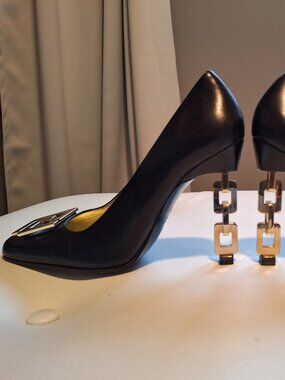 Charles Jourdan black "chain-link" heels